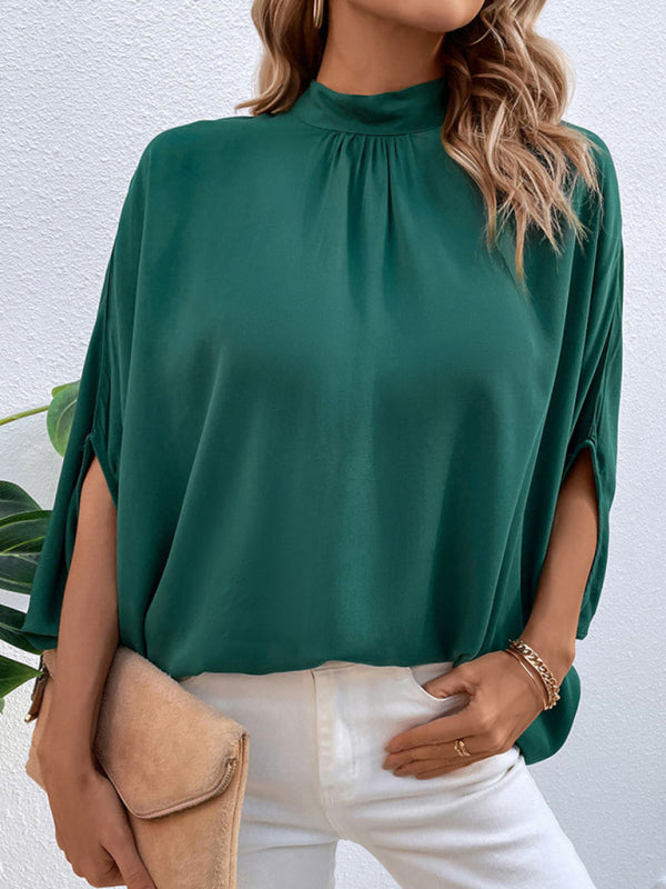 Blouses- Elegant Women's Batwing Sleeves Blouse: Stand Collar, Tie Back- - Pekosa Women Clothing