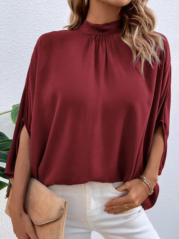 Blouses- Elegant Women's Batwing Sleeves Blouse: Stand Collar, Tie Back- Wine Red- Pekosa Women Clothing