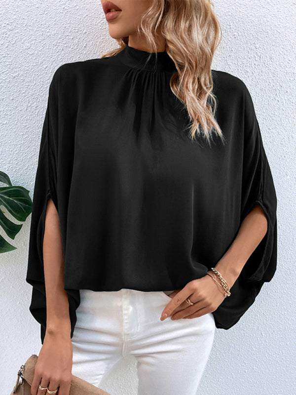 Blouses- Elegant Women's Batwing Sleeves Blouse: Stand Collar, Tie Back- - Pekosa Women Clothing