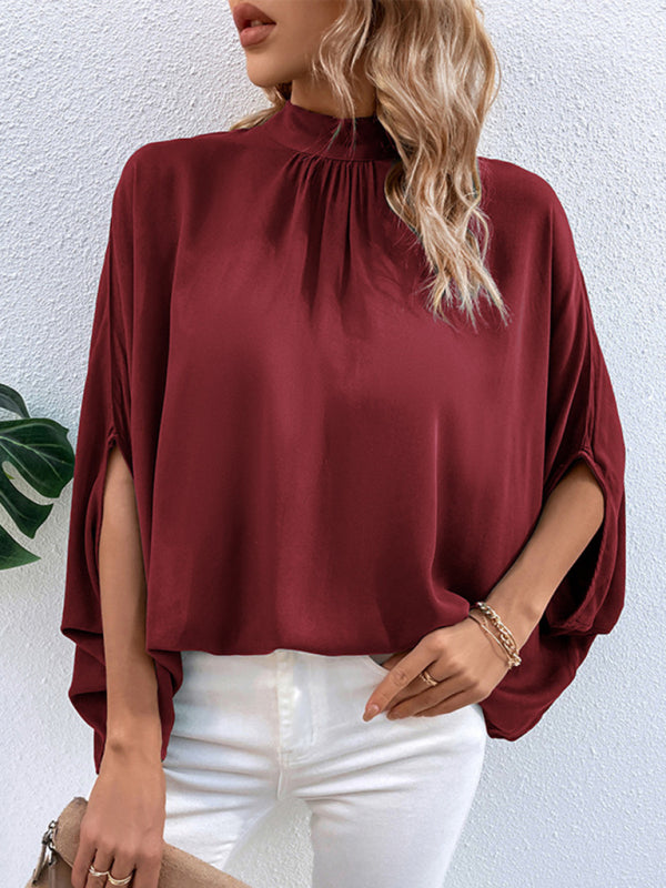 Blouses- Elegant Women's Batwing Sleeves Blouse: Stand Collar, Tie Back- - Pekosa Women Clothing