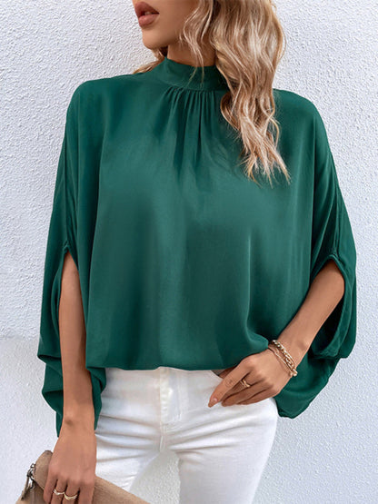 Blouses- Elegant Women's Batwing Sleeves Blouse: Stand Collar, Tie Back- Green black jasper- Pekosa Women Clothing