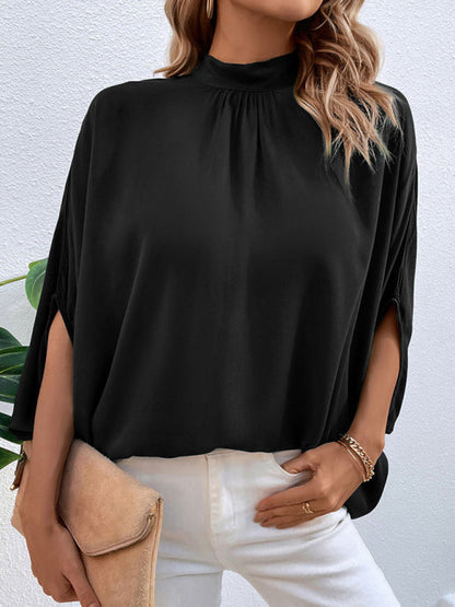 Blouses- Elegant Women's Batwing Sleeves Blouse: Stand Collar, Tie Back- Black- Pekosa Women Clothing