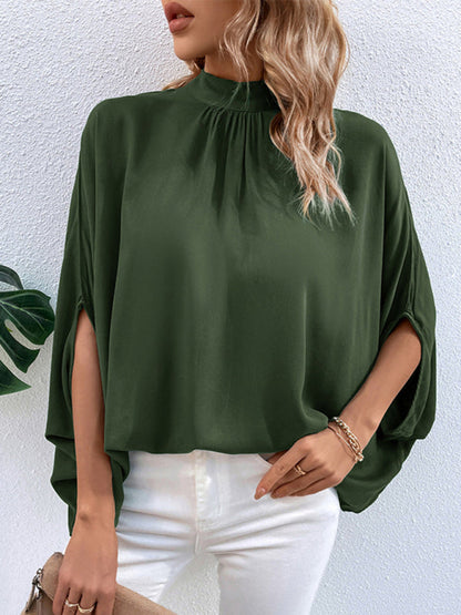 Blouses- Elegant Women's Batwing Sleeves Blouse: Stand Collar, Tie Back- Olive green- Pekosa Women Clothing