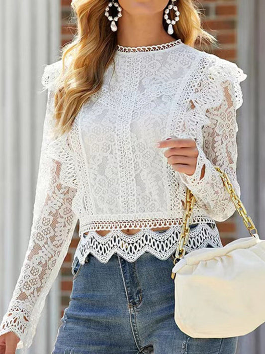 Blouses- Feminine Delight Women's Long Sleeves Lace Blouse - Elegantly Charming- White- Pekosa Women Clothing