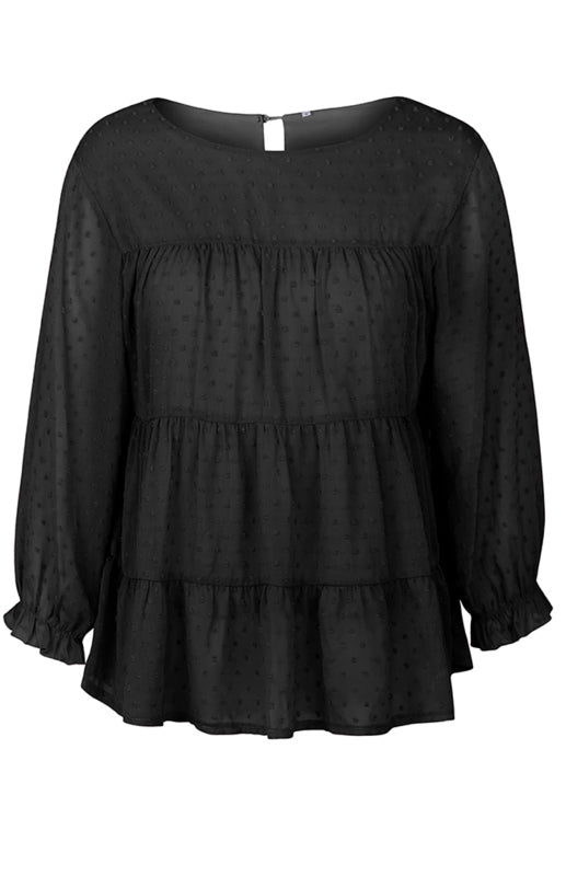 Blouses- Feminine Flair: Women's Swiss Dot Jacquard Tiered Ruffle Blouse - Top- - Pekosa Women Clothing