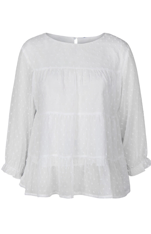 Blouses- Feminine Flair: Women's Swiss Dot Jacquard Tiered Ruffle Blouse - Top- - Pekosa Women Clothing