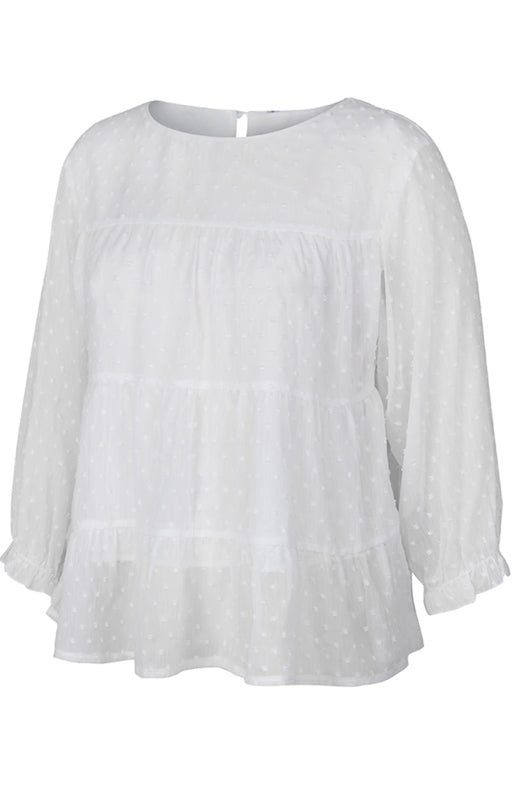 Blouses- Feminine Flair: Women's Swiss Dot Jacquard Tiered Ruffle Blouse - Top- - Pekosa Women Clothing