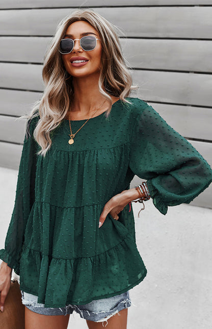 Blouses- Feminine Flair: Women's Swiss Dot Jacquard Tiered Ruffle Blouse - Top- Dark green- Pekosa Women Clothing