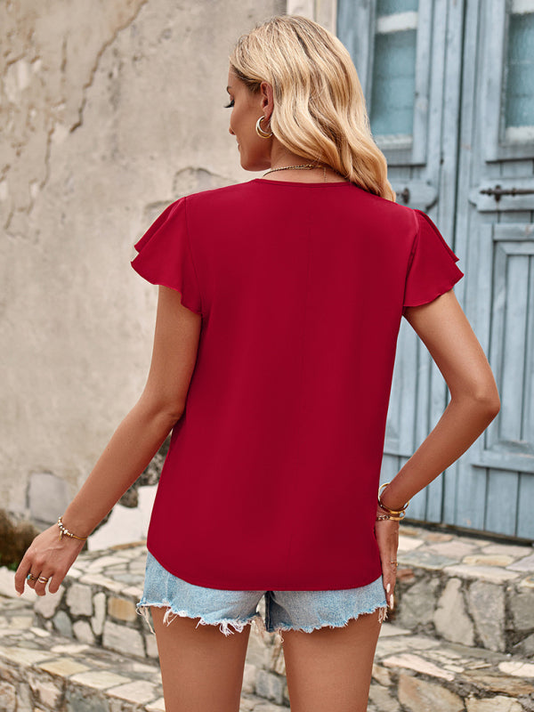 Blouses- Flared Sleeve Blouse | Solid V Neck Top for Spring Summer- - Pekosa Women Clothing