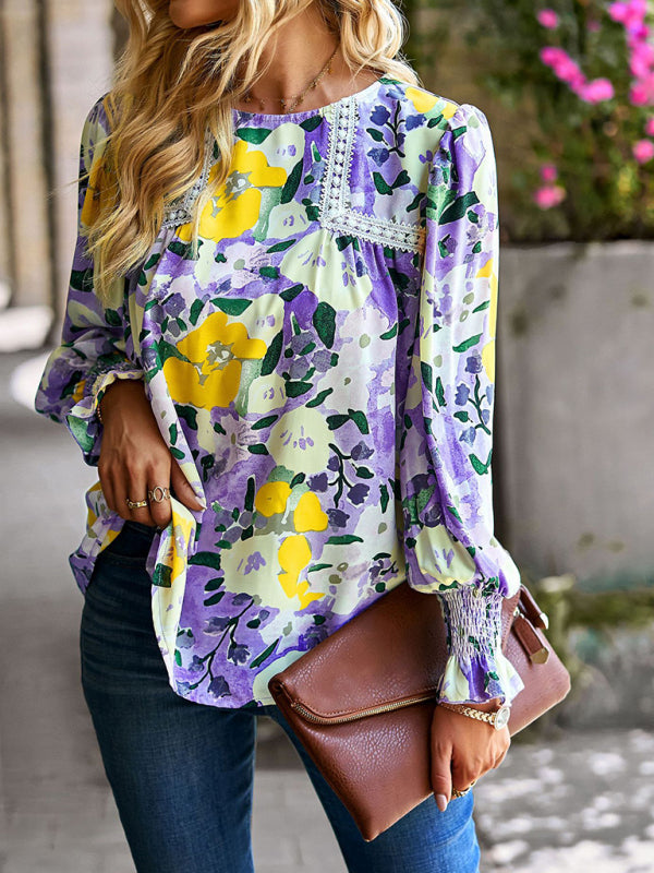 Blouses- Floral Beauty: Tunic Top with Long Sleeves and Charming Ruffle Cuffs- Purple- Pekosa Women Clothing