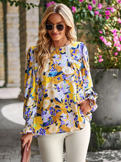 Blouses- Floral Beauty: Tunic Top with Long Sleeves and Charming Ruffle Cuffs- - Pekosa Women Clothing