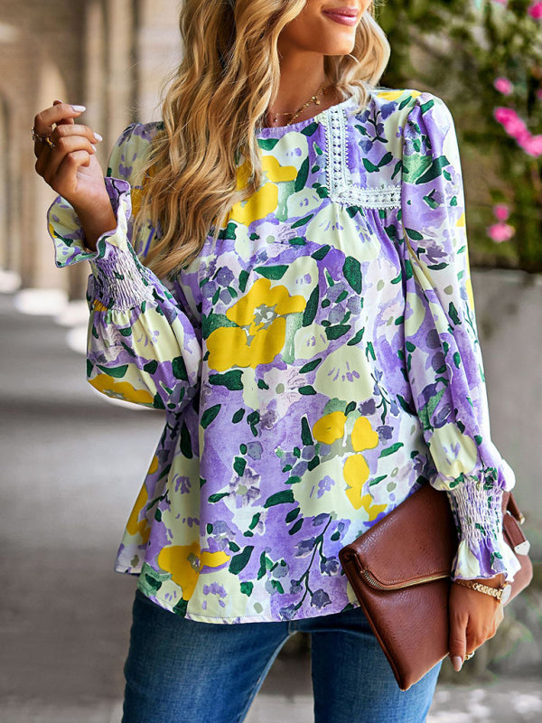 Blouses- Floral Beauty: Tunic Top with Long Sleeves and Charming Ruffle Cuffs- - Pekosa Women Clothing