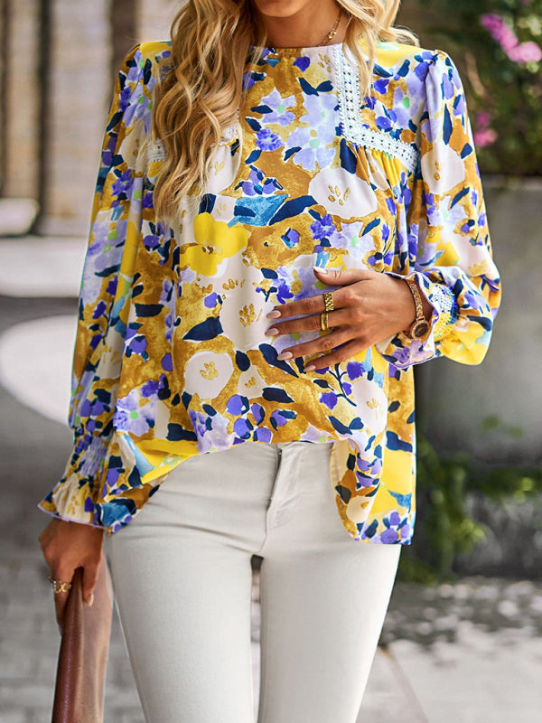 Blouses- Floral Beauty: Tunic Top with Long Sleeves and Charming Ruffle Cuffs- - Pekosa Women Clothing