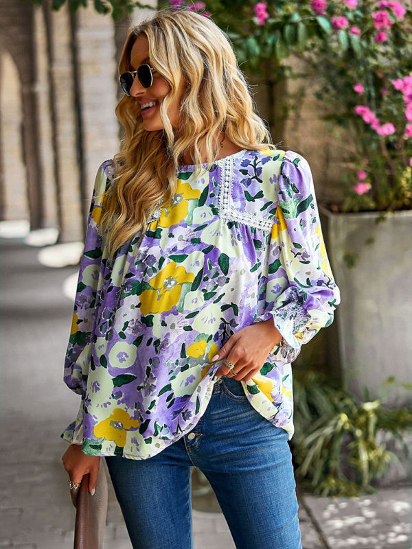 Blouses- Floral Beauty: Tunic Top with Long Sleeves and Charming Ruffle Cuffs- - Pekosa Women Clothing