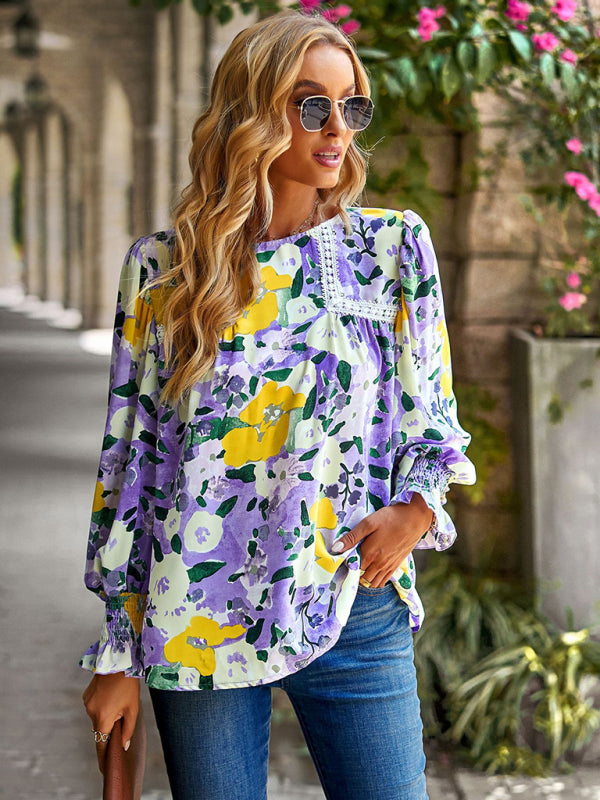 Blouses- Floral Beauty: Tunic Top with Long Sleeves and Charming Ruffle Cuffs- - Pekosa Women Clothing