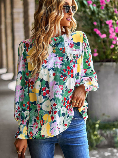 Blouses- Floral Beauty: Tunic Top with Long Sleeves and Charming Ruffle Cuffs- - Pekosa Women Clothing