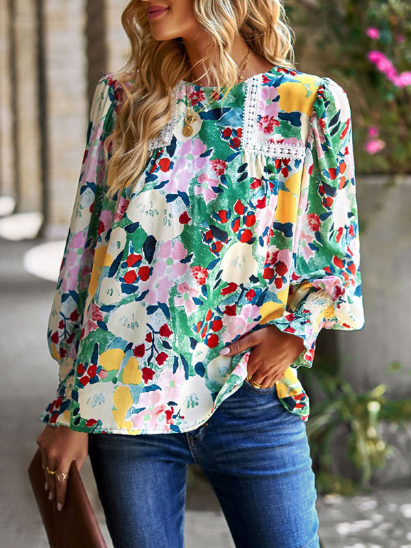 Blouses- Floral Beauty: Tunic Top with Long Sleeves and Charming Ruffle Cuffs- Green- Pekosa Women Clothing