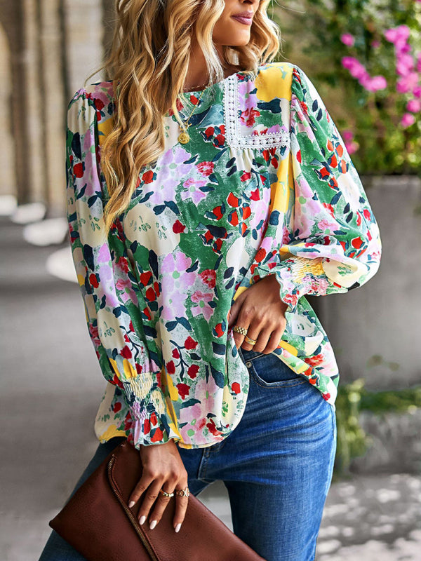 Blouses- Floral Beauty: Tunic Top with Long Sleeves and Charming Ruffle Cuffs- - Pekosa Women Clothing