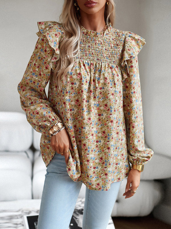 Blouses- Floral Bishop Sleeve Blouse - Ruffled Shoulders & Smocked Accents Top- - Pekosa Women Clothing