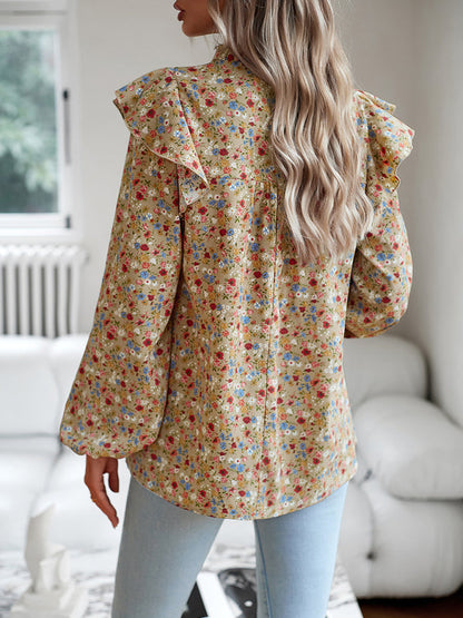 Blouses- Floral Bishop Sleeve Blouse - Ruffled Shoulders & Smocked Accents Top- - Pekosa Women Clothing