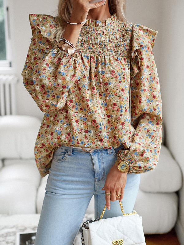 Blouses- Floral Bishop Sleeve Blouse - Ruffled Shoulders & Smocked Accents Top- - Pekosa Women Clothing