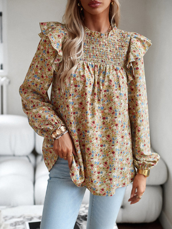 Blouses- Floral Bishop Sleeve Blouse - Ruffled Shoulders & Smocked Accents Top- - Pekosa Women Clothing