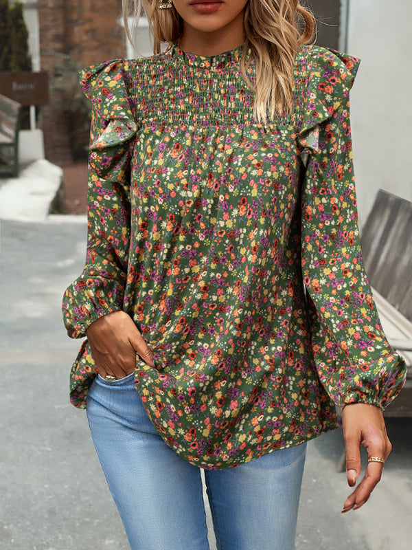 Blouses- Floral Bishop Sleeve Blouse - Ruffled Shoulders & Smocked Accents Top- - Pekosa Women Clothing