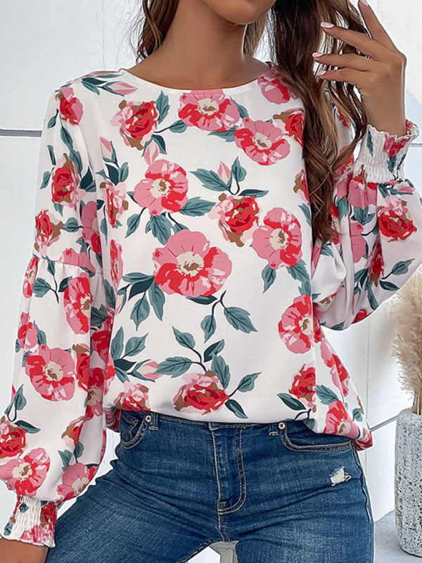 Blouses- Floral Elegance: Lantern Long Sleeves Blouse - Round Neck Tunic Top- - Pekosa Women Clothing