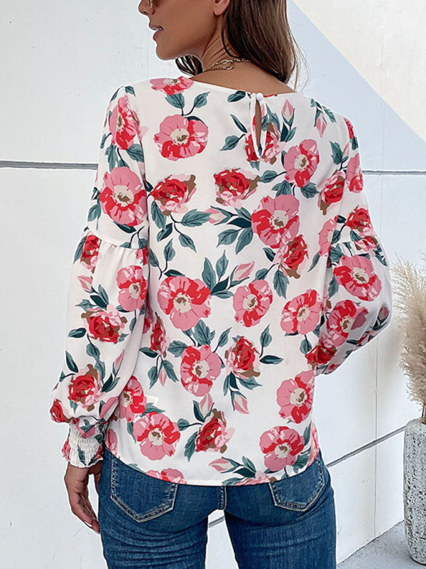 Blouses- Floral Elegance: Lantern Long Sleeves Blouse - Round Neck Tunic Top- - Pekosa Women Clothing