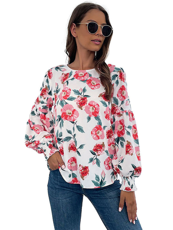 Blouses- Floral Elegance: Lantern Long Sleeves Blouse - Round Neck Tunic Top- - Pekosa Women Clothing