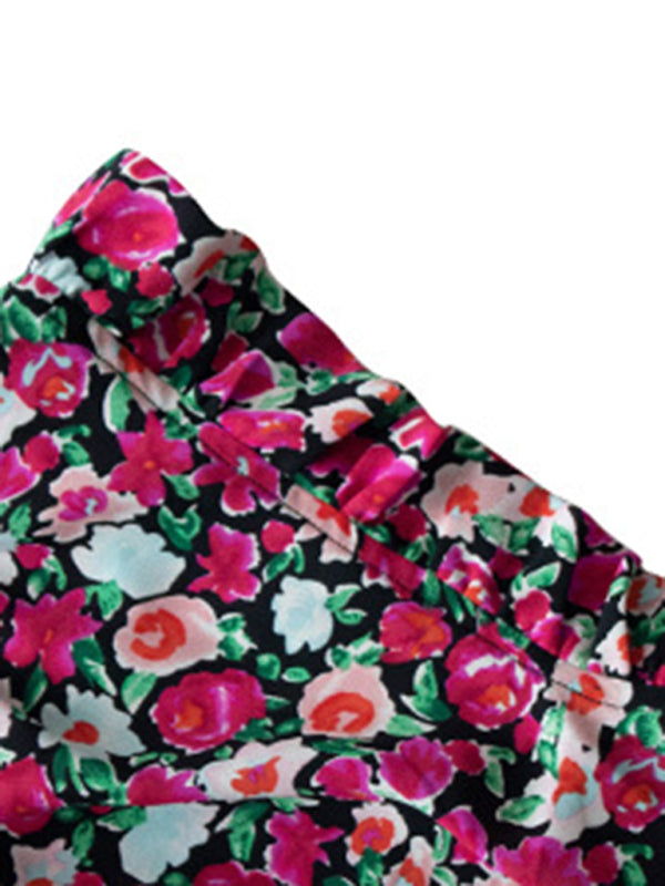 Blouses- Floral High Neck Tank Blouse - Keyhole Back Ruffle Accents Top- - Pekosa Women Clothing