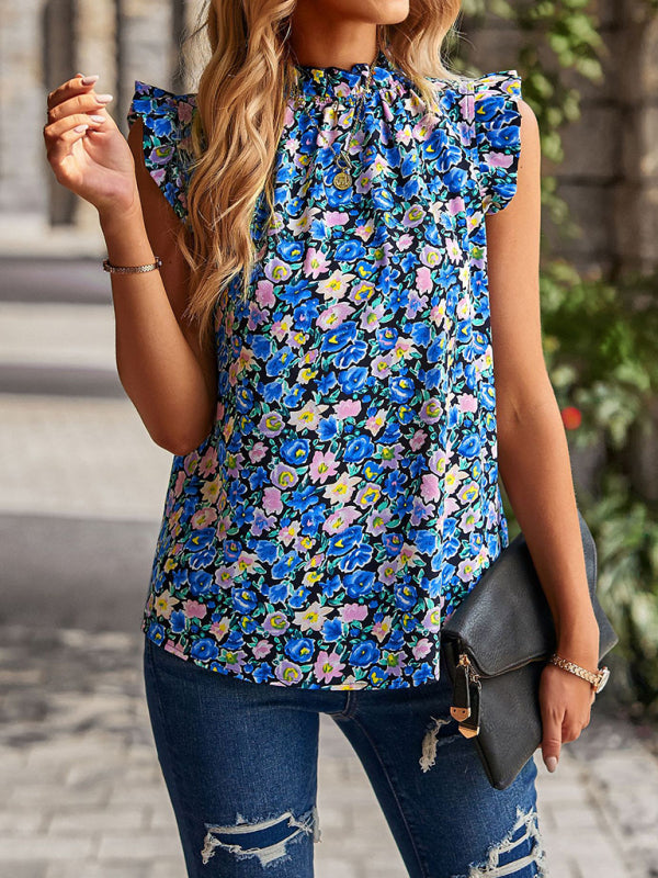 Blouses- Floral High Neck Tank Blouse - Keyhole Back Ruffle Accents Top- - Pekosa Women Clothing