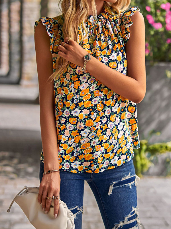 Blouses- Floral High Neck Tank Blouse - Keyhole Back Ruffle Accents Top- Yellow- Pekosa Women Clothing
