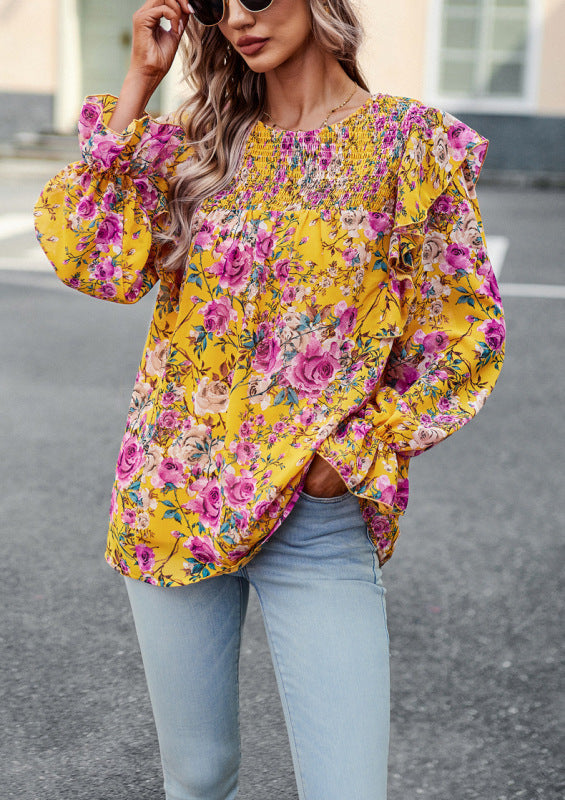 Blouses- Floral Lantern Sleeve Blouse - Ruffles & Smocked Top- Yellow- Pekosa Women Clothing