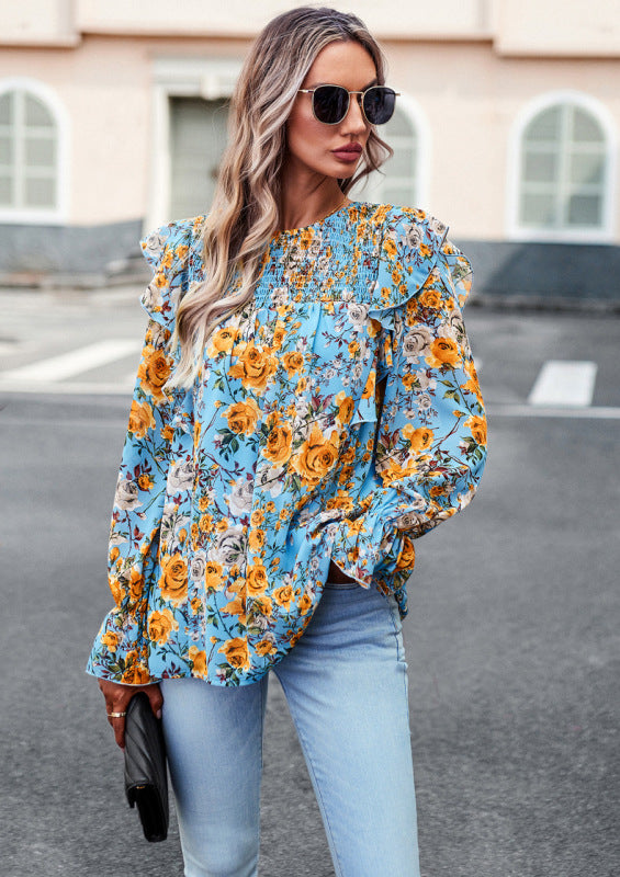 Blouses- Floral Lantern Sleeve Blouse - Ruffles & Smocked Top- Blue- Pekosa Women Clothing