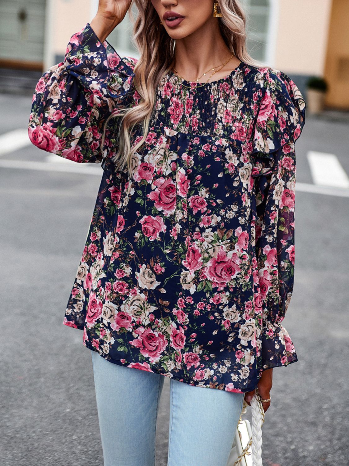 Blouses- Floral Lantern Sleeve Blouse - Ruffles & Smocked Top- - Pekosa Women Clothing