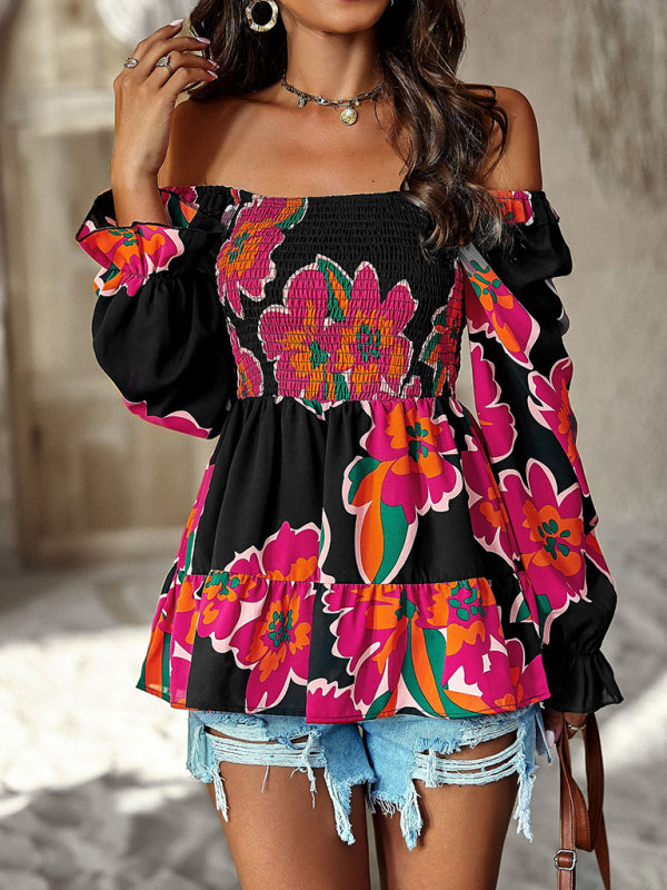 Blouses- Floral Lantern Sleeve Blouse: Smocked Top, Off-Shoulder Wear- - Pekosa Women Clothing