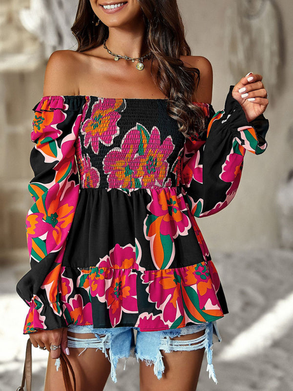 Blouses- Floral Lantern Sleeve Blouse: Smocked Top, Off-Shoulder Wear- - Pekosa Women Clothing