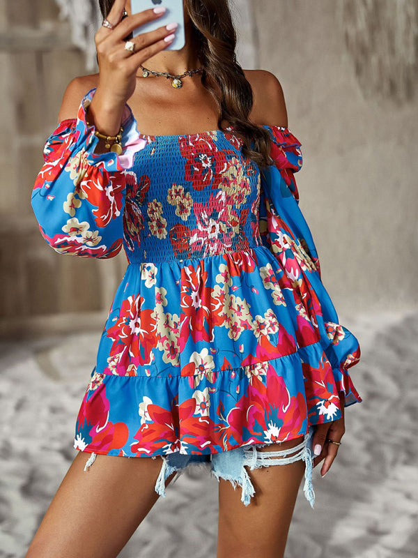 Blouses- Floral Lantern Sleeve Blouse: Smocked Top, Off-Shoulder Wear- - Pekosa Women Clothing