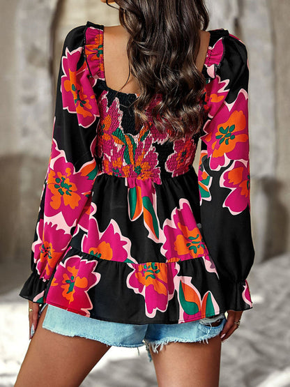 Blouses- Floral Lantern Sleeve Blouse: Smocked Top, Off-Shoulder Wear- - Pekosa Women Clothing