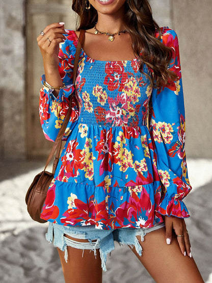 Blouses- Floral Lantern Sleeve Blouse: Smocked Top, Off-Shoulder Wear- Blue- Pekosa Women Clothing