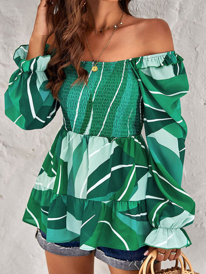 Blouses- Floral Lantern Sleeve Blouse: Smocked Top, Off-Shoulder Wear- Green- Pekosa Women Clothing