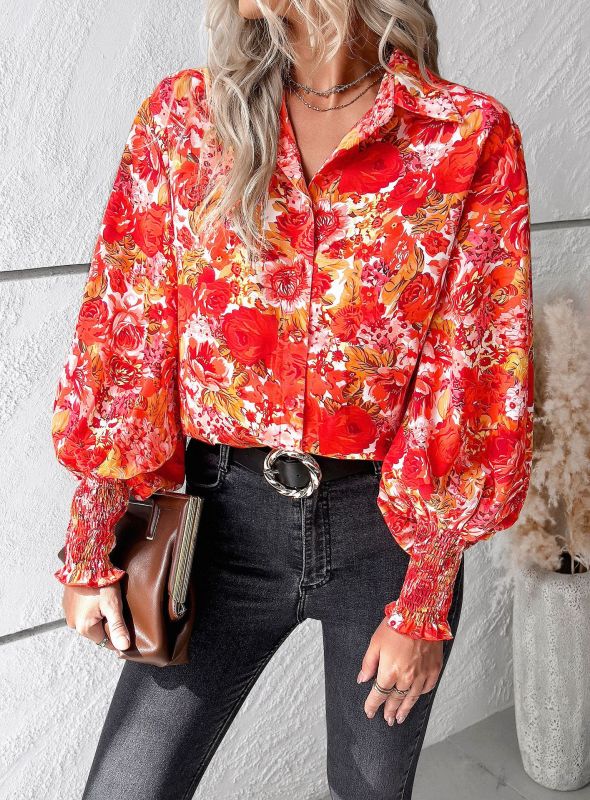 Blouses- Floral Print Blouse | Elegant Button-Up Shirt with Long Sleeves- Red- Pekosa Women Clothing