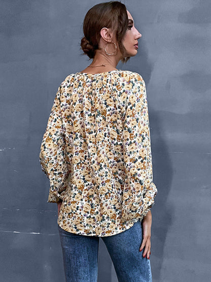 Blouses- Floral Print Delight: Women's Lantern Sleeve Blouse - V Neck Tunic Top- - Pekosa Women Clothing