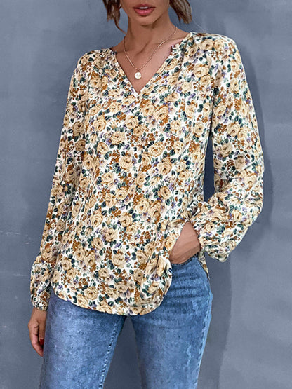 Blouses- Floral Print Delight: Women's Lantern Sleeve Blouse - V Neck Tunic Top- - Pekosa Women Clothing