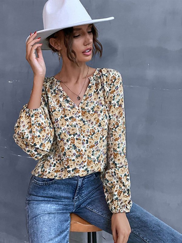 Blouses- Floral Print Delight: Women's Lantern Sleeve Blouse - V Neck Tunic Top- - Pekosa Women Clothing