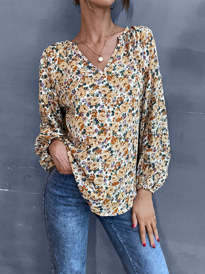 Blouses- Floral Print Delight: Women's Lantern Sleeve Blouse - V Neck Tunic Top- Floral Beige- Pekosa Women Clothing