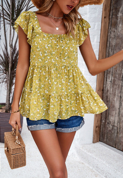 Blouses- Floral Print Flowy Blouse with Tiered Ruffles and Cap Sleeves- Yellow- Pekosa Women Clothing