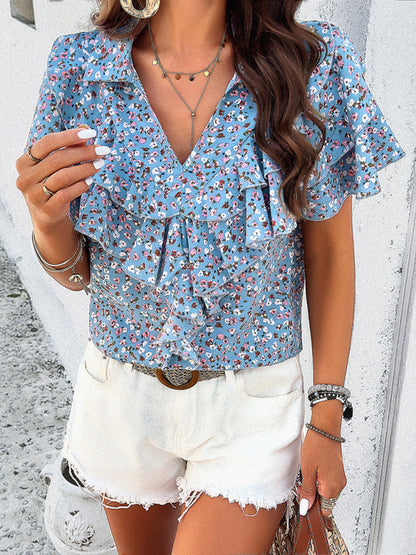 Blouses- Floral Print V-Neck Blouse - Layered Short Sleeves & Ruffles Top- - Pekosa Women Clothing