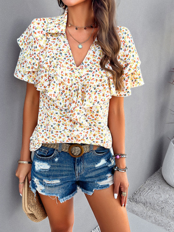 Blouses- Floral Print V-Neck Blouse - Layered Short Sleeves & Ruffles Top- - Pekosa Women Clothing